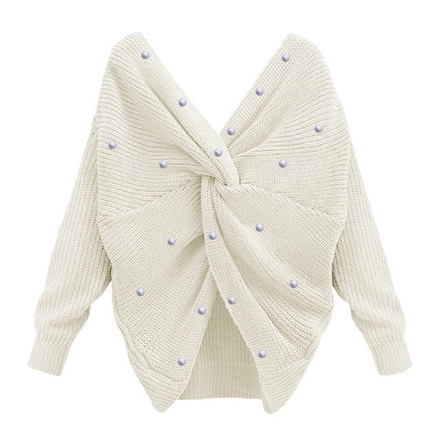Women's knitted sweater with twisted detail and bead trim Lune London