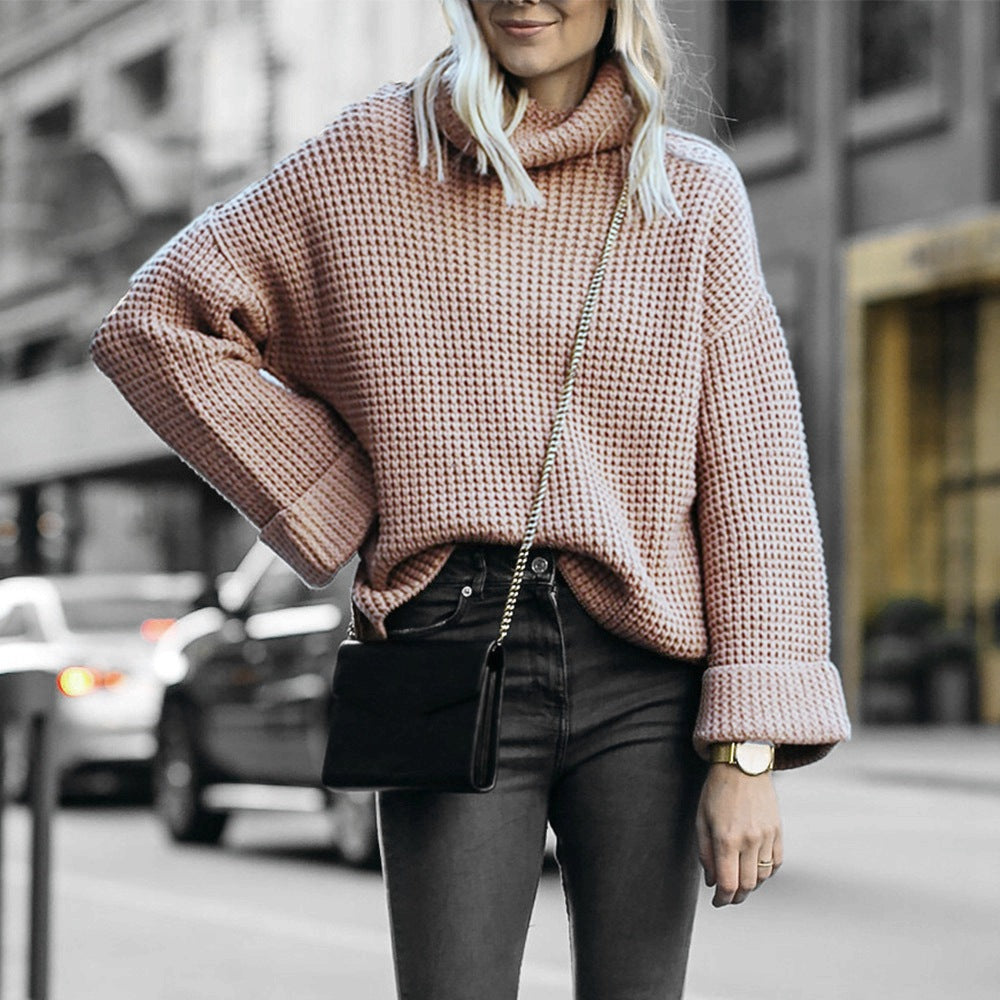 Ladies Comfortable Knit Sweater with High Collar and Modern Waffle Pattern Lune London