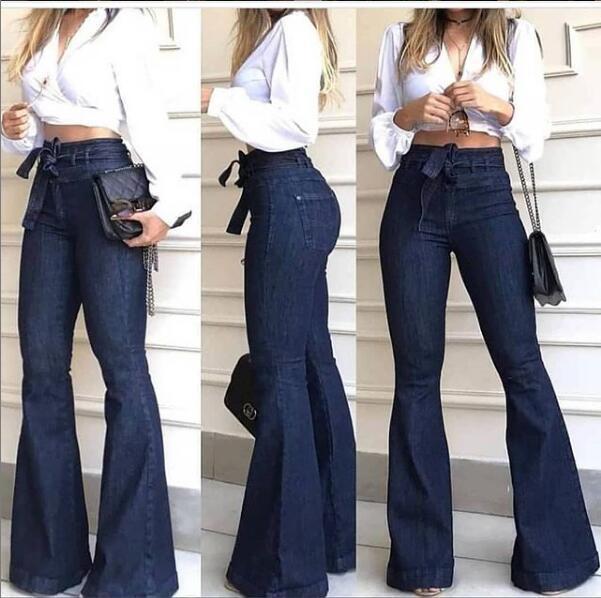 Women's High-Cut Flared Jeans with Stylish Belt and Frayed Hem Lune London