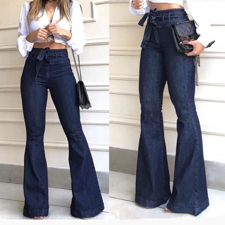 Women's High-Cut Flared Jeans with Stylish Belt and Frayed Hem Lune London