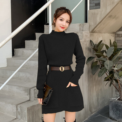 Knit dress for women with a high collar and practical pockets Lune London