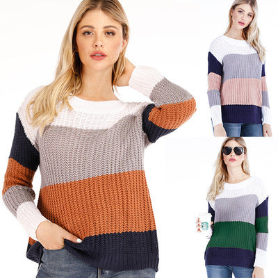 Knitted leisure sweater for women with a modern block stripe pattern and a round neckline Lune London