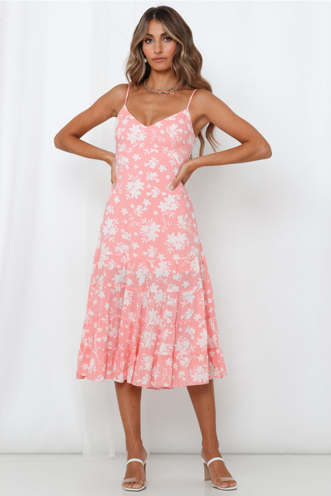 Women's midi dress with floral ruffles and swinging skirt Lune London