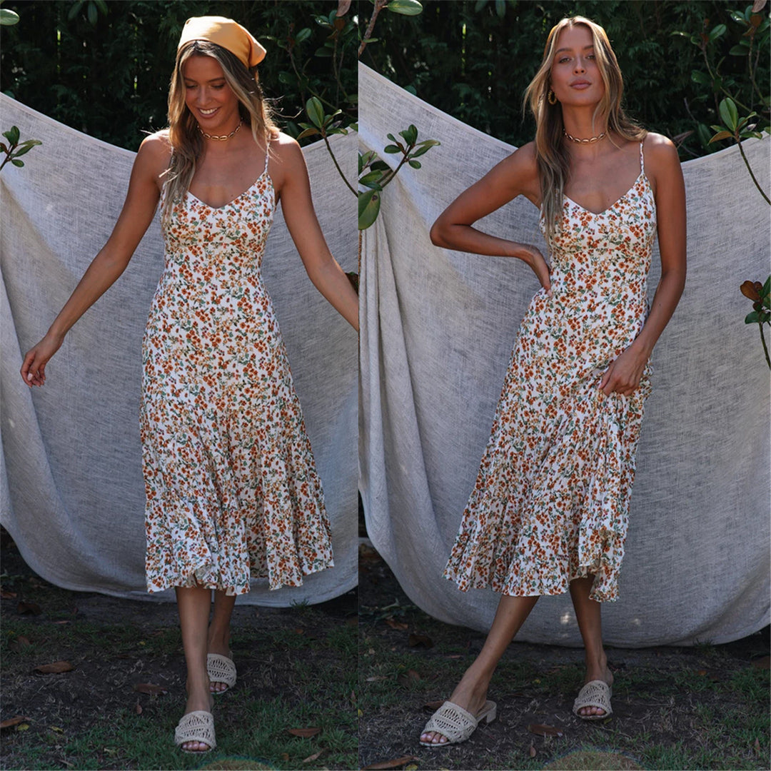 Women's midi dress with floral ruffles and swinging skirt Lune London