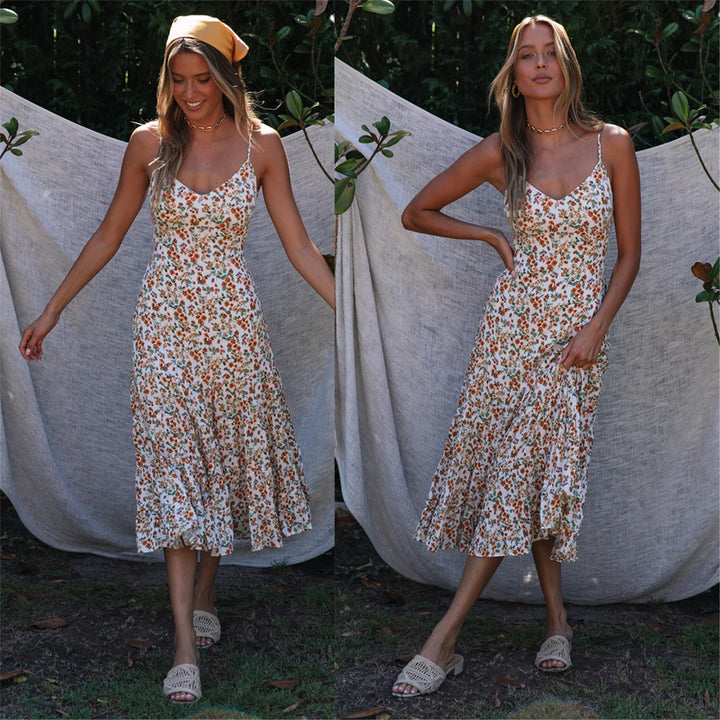 Women's midi dress with floral ruffles and swinging skirt Lune London
