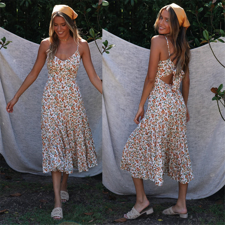 Women's midi dress with floral ruffles and swinging skirt Lune London