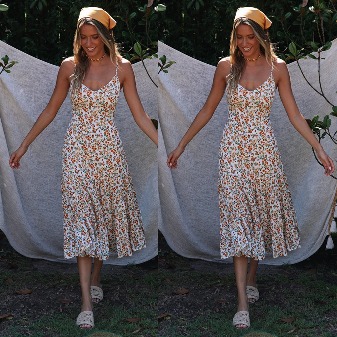 Women's midi dress with floral ruffles and swinging skirt Lune London
