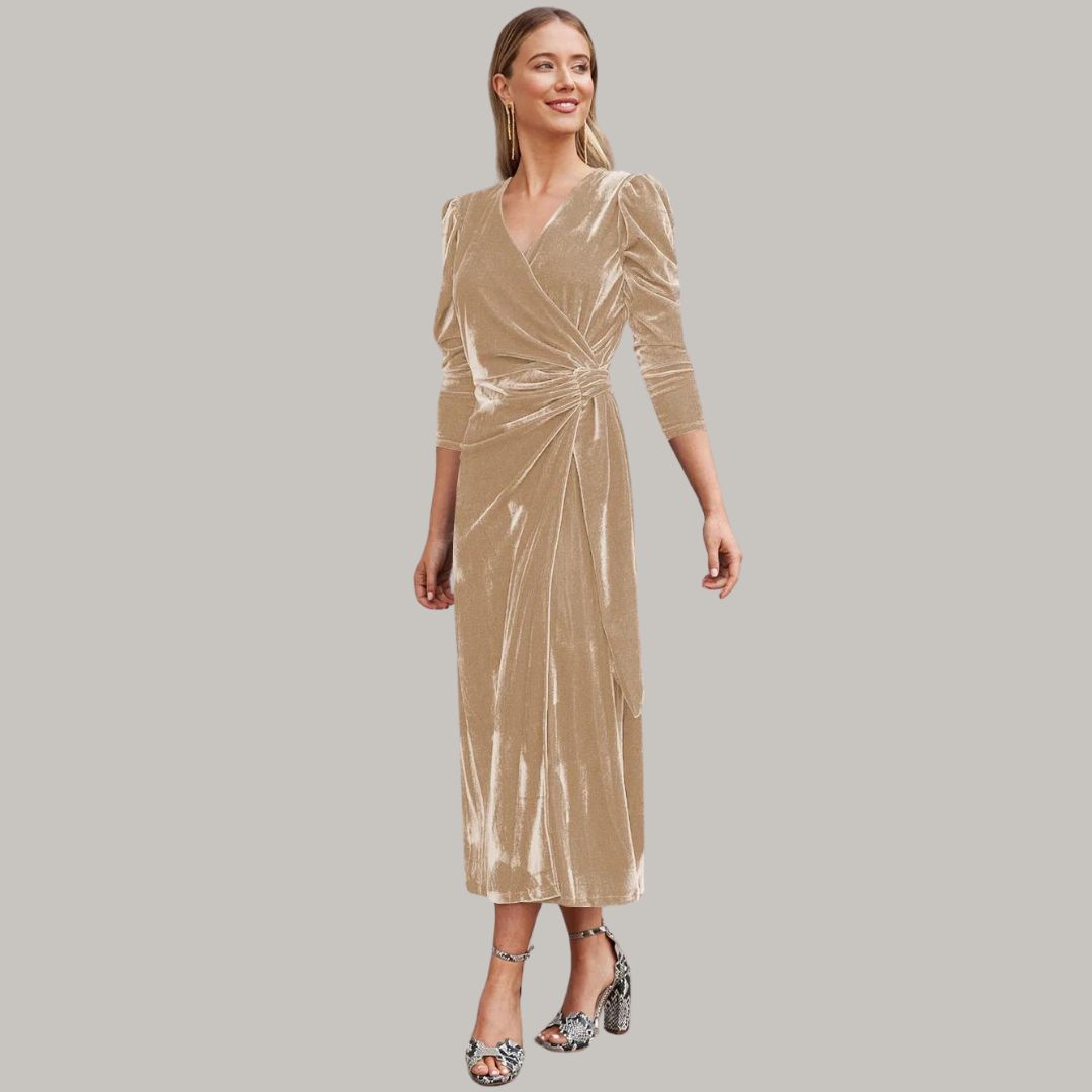 Lune London | Midi wrap dress in velvet with puff sleeves