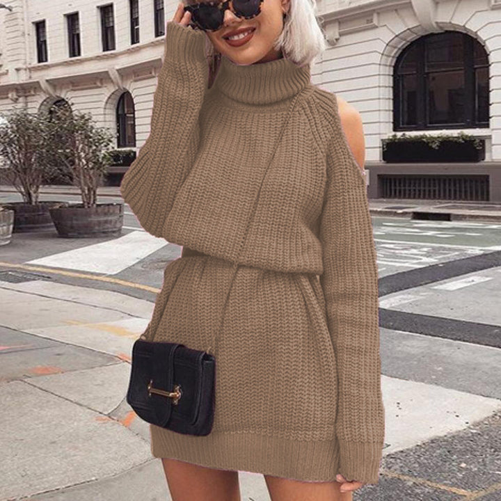 Knit turtleneck dress for women with off-the-shoulder design and waist belt Lune London