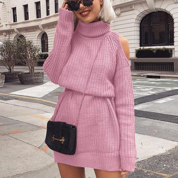 Knit turtleneck dress for women with off-the-shoulder design and waist belt Lune London