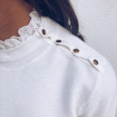 Ladies luxurious sweater with ruffled collar and decorative button details Lune London
