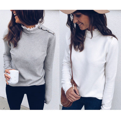 Ladies luxurious sweater with ruffled collar and decorative button details Lune London
