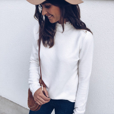 Ladies luxurious sweater with ruffled collar and decorative button details Lune London