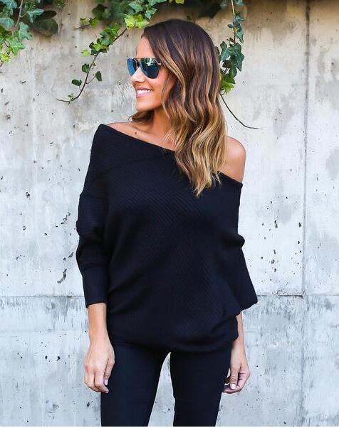 Ladies Off-Shoulder Knit Pullover with relaxed fit and ribbed texture Lune London