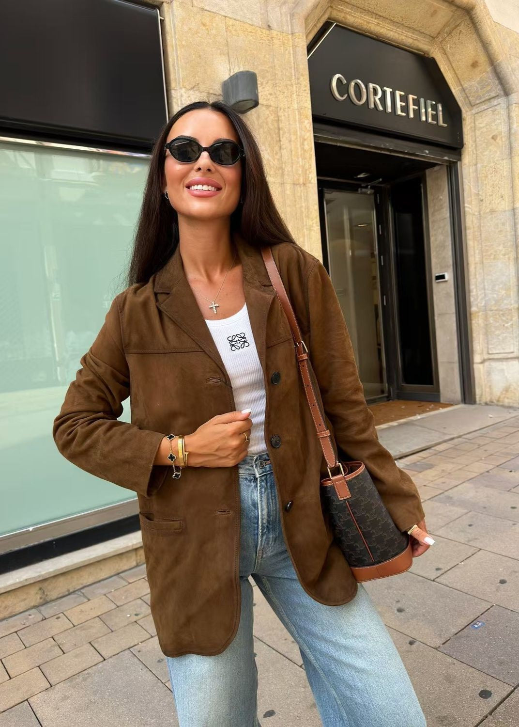 Lune London | Suede Button-Front Blazer with Patch Pockets