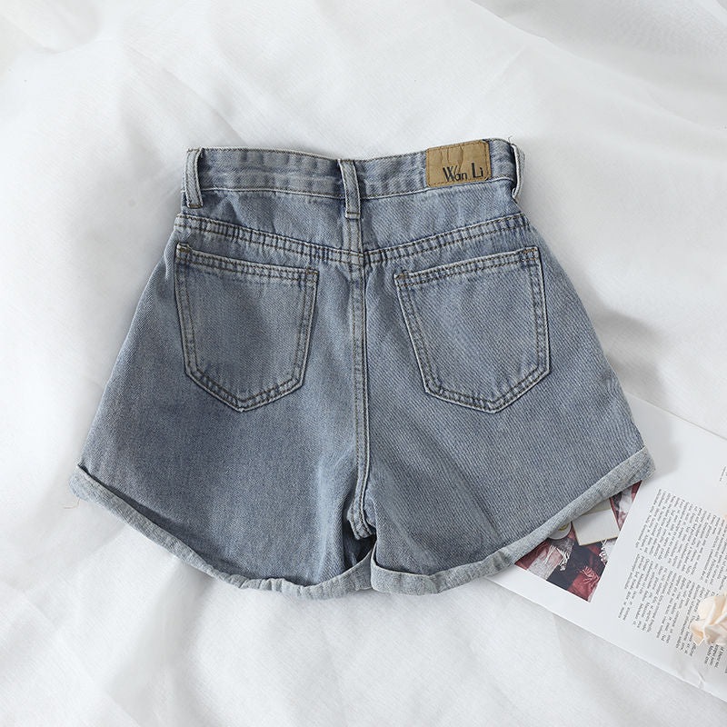 Women's High-Waist Denim Shorts with convertible hem and elastic waistband Lune London