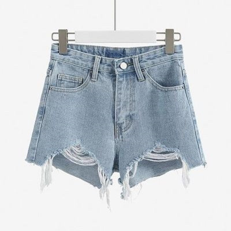 Women's Destroyed Denim Shorts with High Waist and Frayed Hem