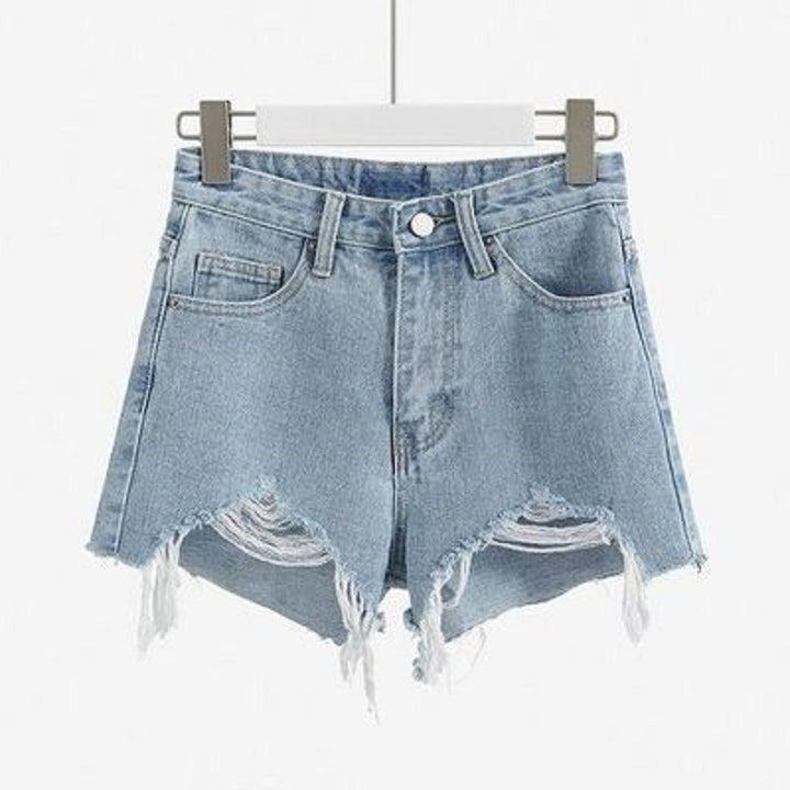 Women's Destroyed Denim Shorts with High Waist and Frayed Hem