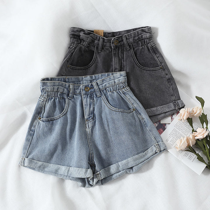 Women's High-Waist Denim Shorts with convertible hem and elastic waistband Lune London
