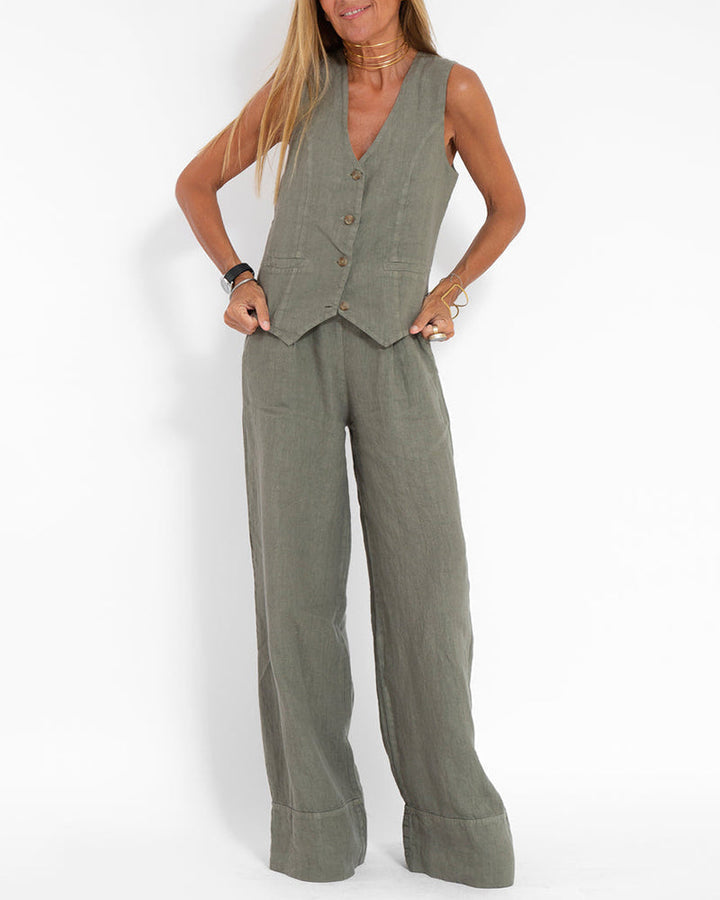Lune London | Elegant 2-Piece Set Linen Wide Pants & Vest