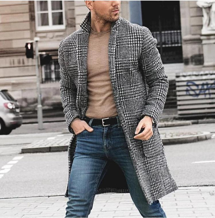 Elegant long coat for men with classic check pattern and modern details Lune London