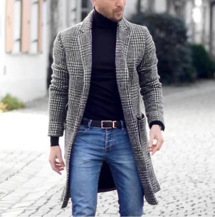 Elegant long coat for men with classic check pattern and modern details Lune London