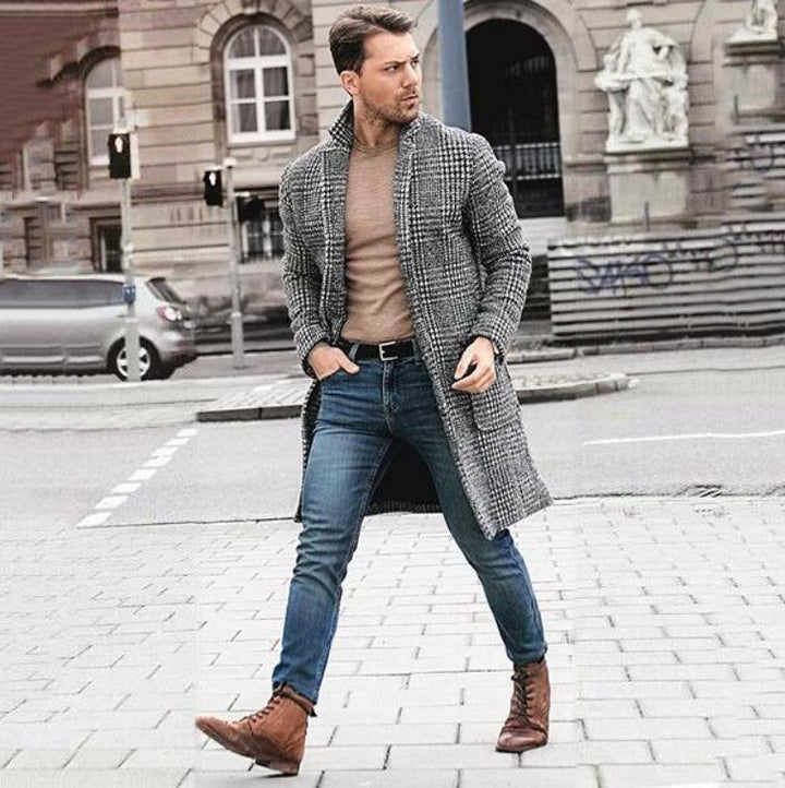 Elegant long coat for men with classic check pattern and modern details Lune London