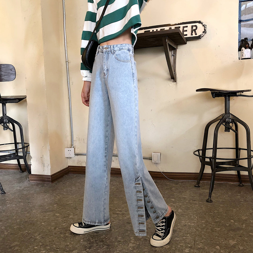 Jeans pour femmes à coupe large avec détails de boutons décoratifs Chic & Stil