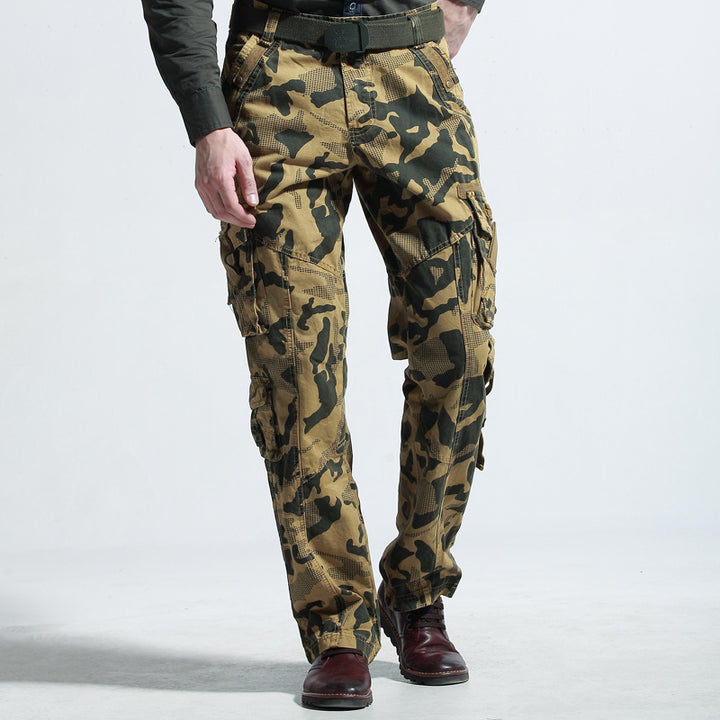 Multifunctional camouflage cargo pants for men with many practical pockets Lune London