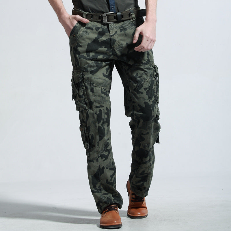 Multifunctional camouflage cargo pants for men with many practical pockets Lune London