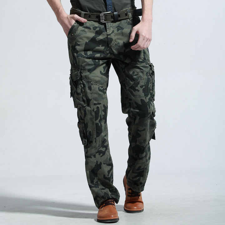 Multifunctional camouflage cargo pants for men with many practical pockets Lune London