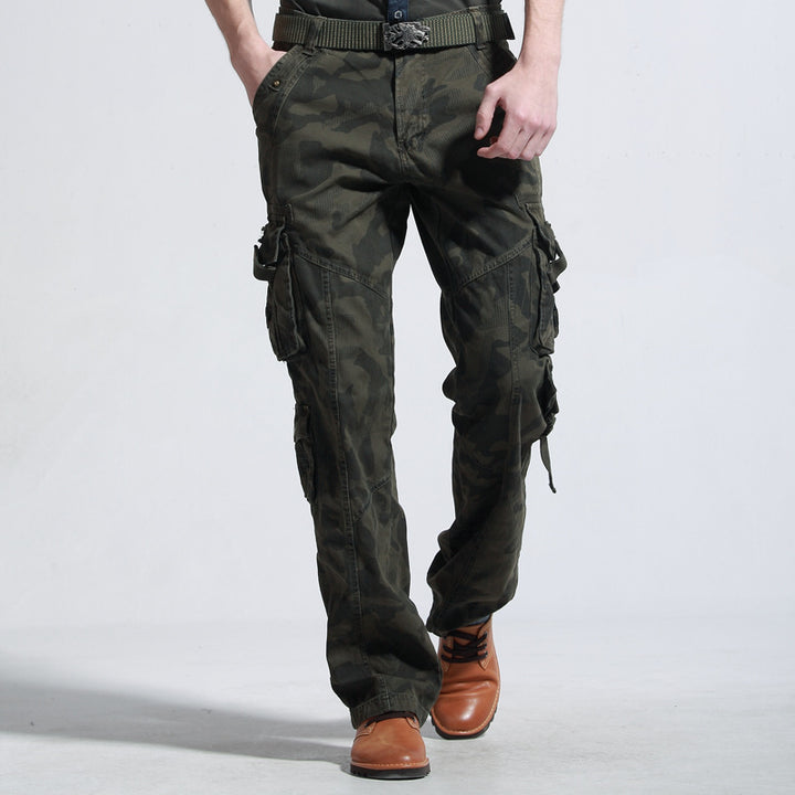 Multifunctional camouflage cargo pants for men with many practical pockets Lune London
