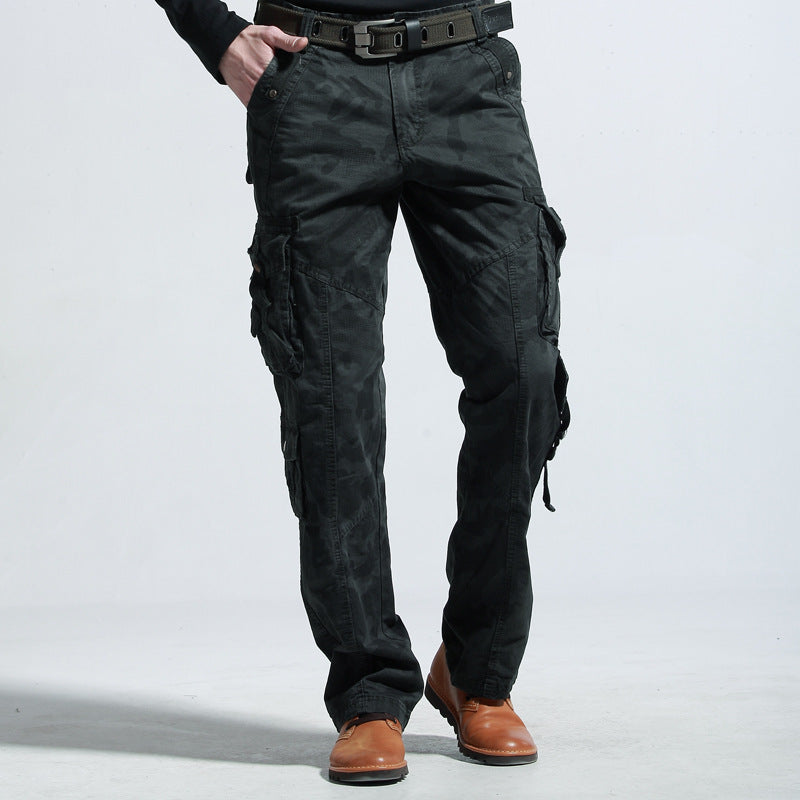 Multifunctional camouflage cargo pants for men with many practical pockets Lune London