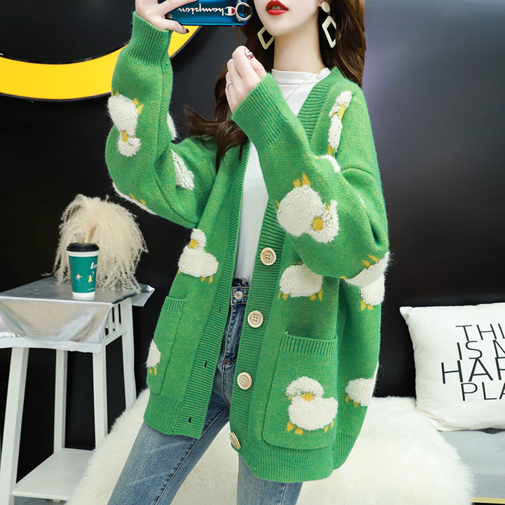 Women’s knit jacket with playful sheep pattern and pockets Lune London