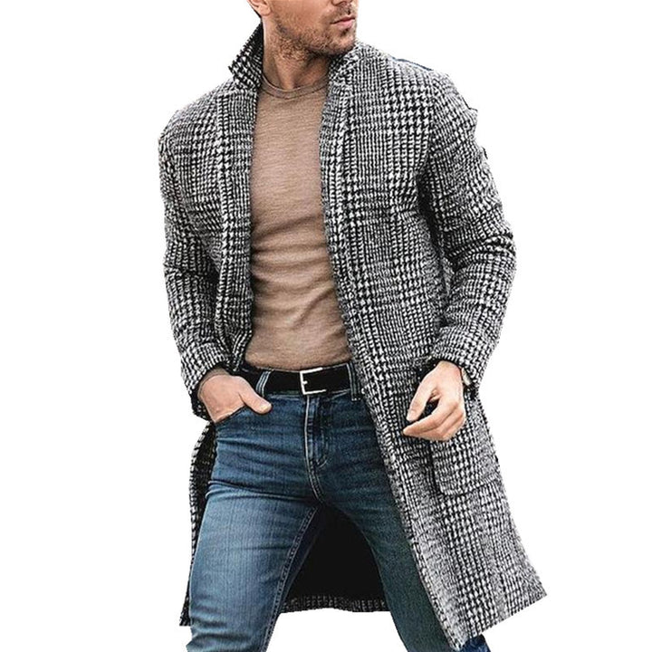 Elegant long coat for men with classic check pattern and modern details Lune London