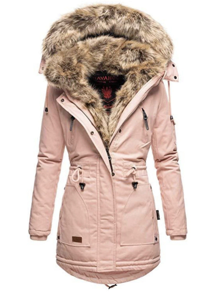 Parka women lined with removable faux fur collar and practical zippered pockets Lune London