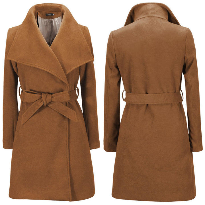 Elegant wrap coat for women with large collar and belt detail Lune London