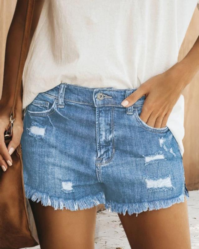 Women's Destroyed Denim Shorts with Frayed Hem and Casual Cut Lune London