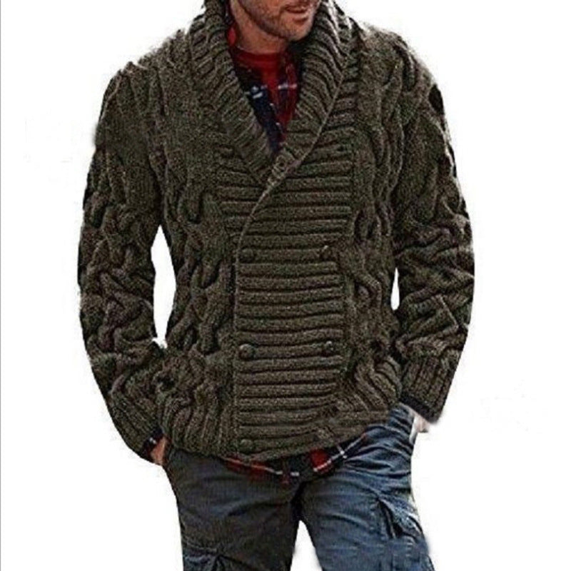 Men's knit jacket with double-breasted buttons and creative cable pattern Lune London