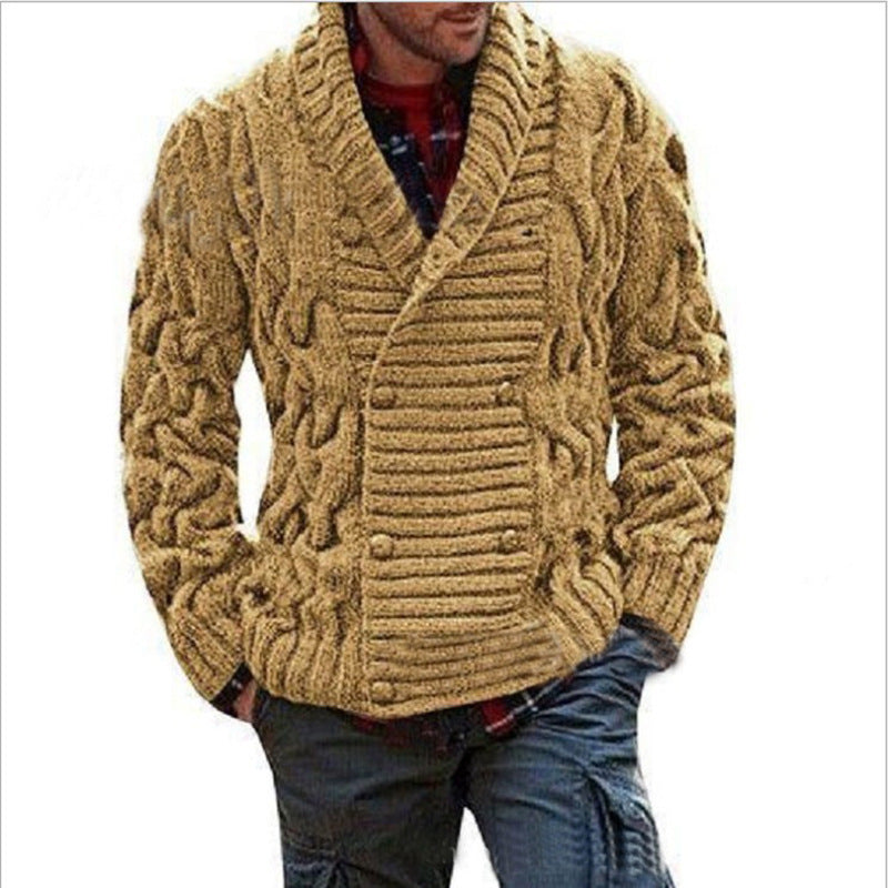 Men's knit jacket with double-breasted buttons and creative cable pattern Lune London