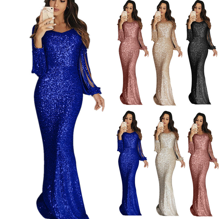 Elegant sequin evening dress for women with a flattering cut and long sleeves Lune London