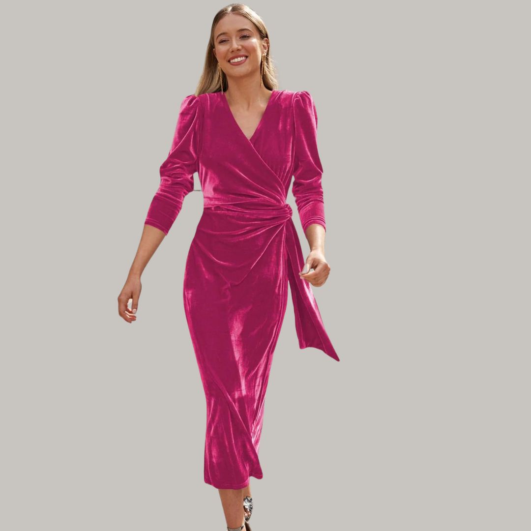 Lune London | Midi wrap dress in velvet with puff sleeves
