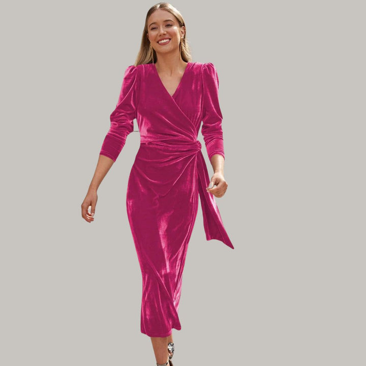 Lune London | Midi wrap dress in velvet with puff sleeves
