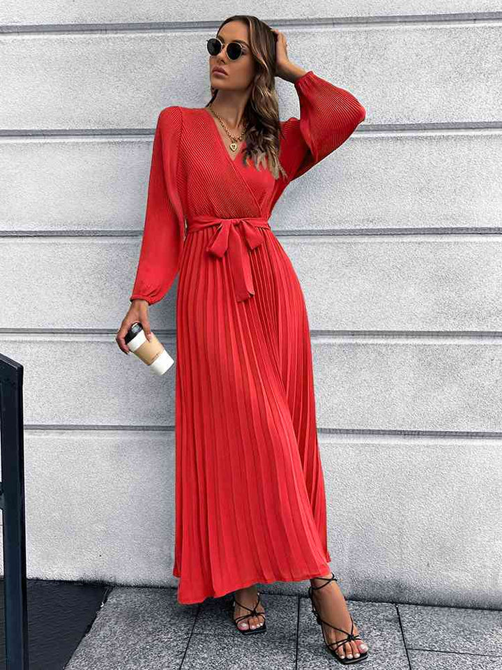 Lune London | V-neck Tie Belt Pleated Maxi Dress