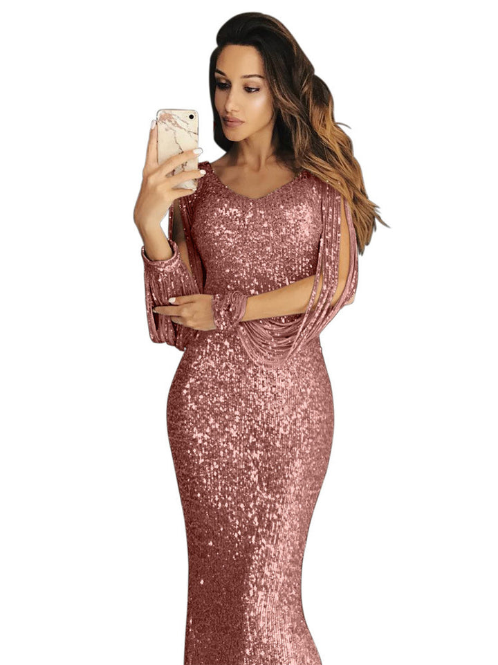 Elegant sequin evening dress for women with a flattering cut and long sleeves Lune London