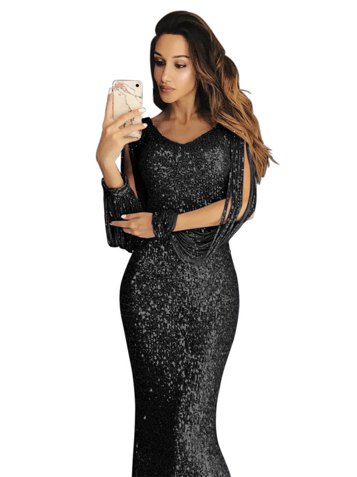 Elegant sequin evening dress for women with a flattering cut and long sleeves Lune London