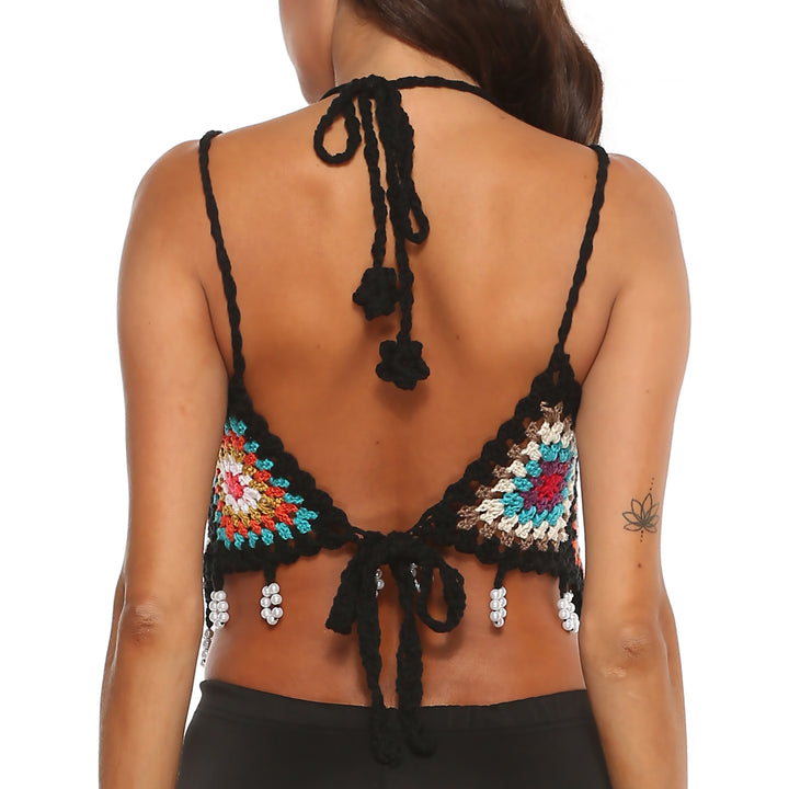 Crochet top for women with colorful accent squares Lune London