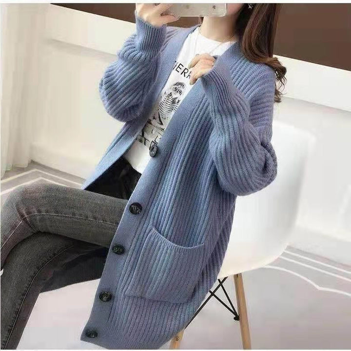 Ladies Chunky Knit Cardigan with Deep V-neck and Chic Button Details
