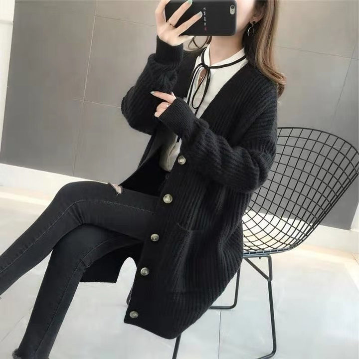 Ladies Chunky Knit Cardigan with Deep V-neck and Chic Button Details