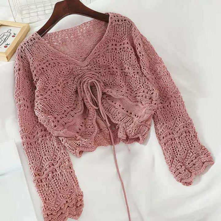 Women knit top with trendy lace pattern and adjustable drawstring Lune London